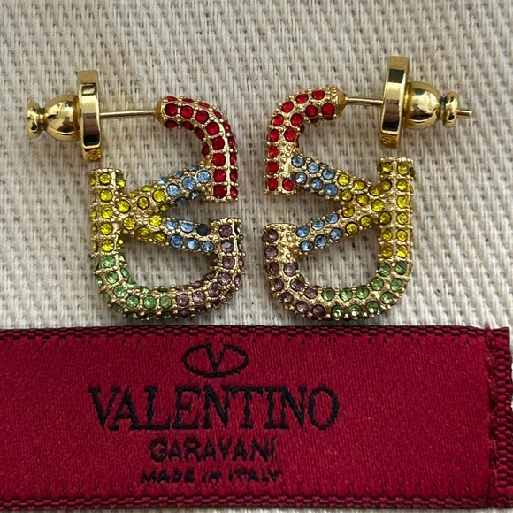Valentino Garavani V Logo Crystal Rainbow Earrings $690 Retail - Picture 9 of 13
